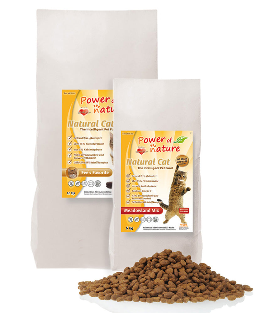 12 kg Power of Nature Natural Cat Fees Favorite + 6 kg Meadowland Mix Croquettes pour chats