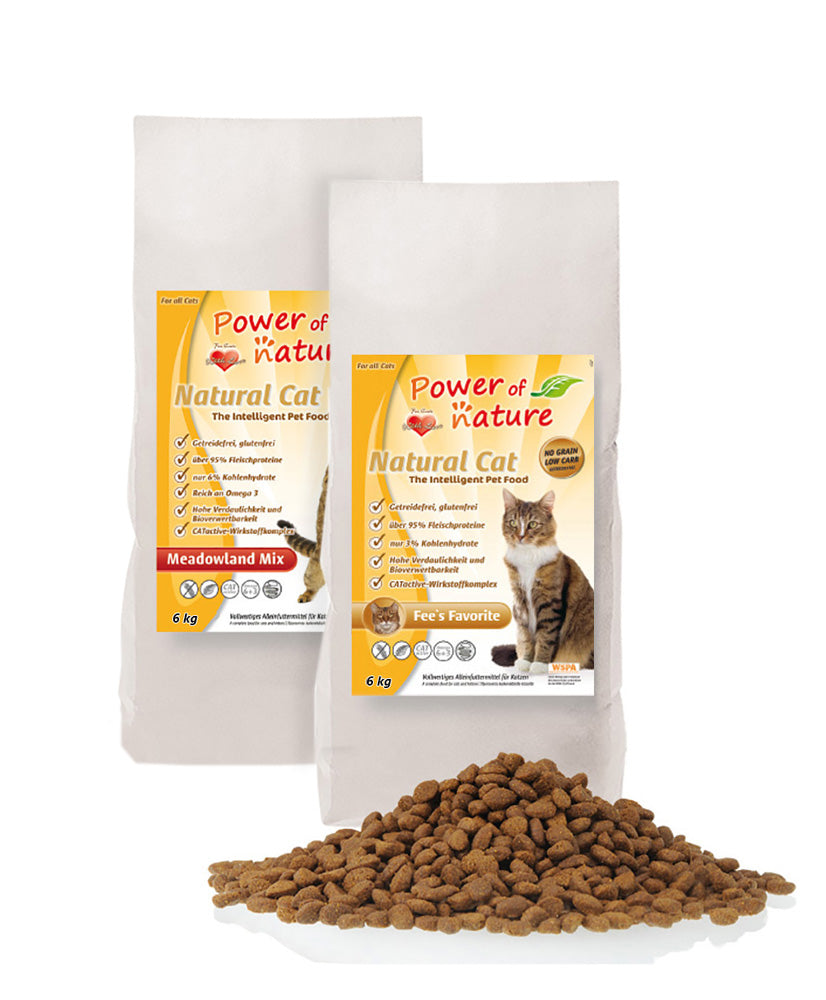6 kg Power of Nature Natural Cat Fees Favorite + 6 kg Meadowland Mix Croquettes pour chats