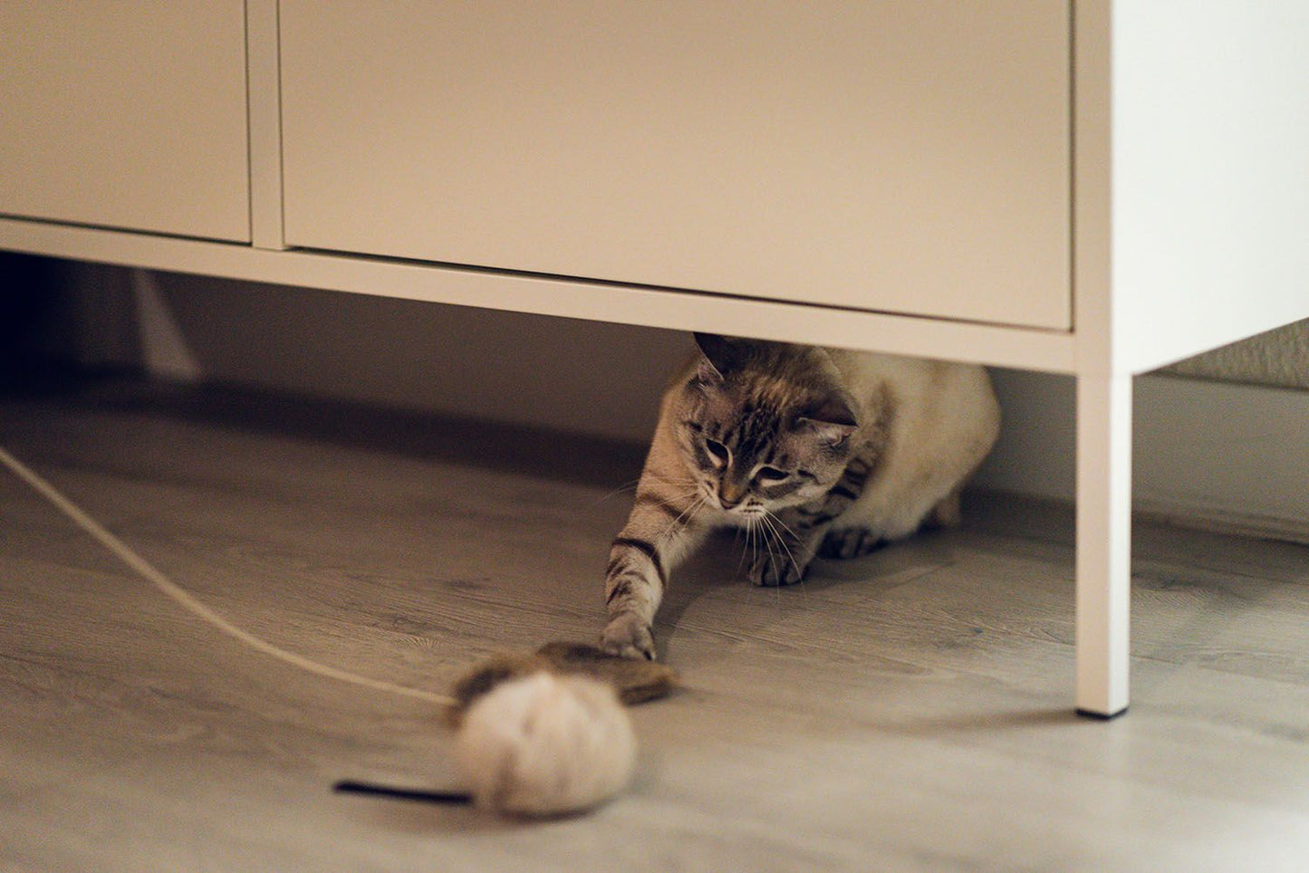 Renzo Rat – kattenspeelgoed van echt konijnenbont met leren staart