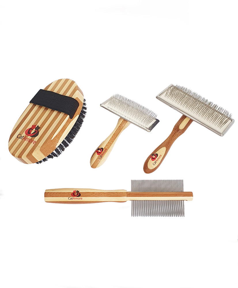 CatAmore 4-delige kattenverzorgingsset - Vachtborstel, vachtborstel, kattenkam, kattenborstel grooming set