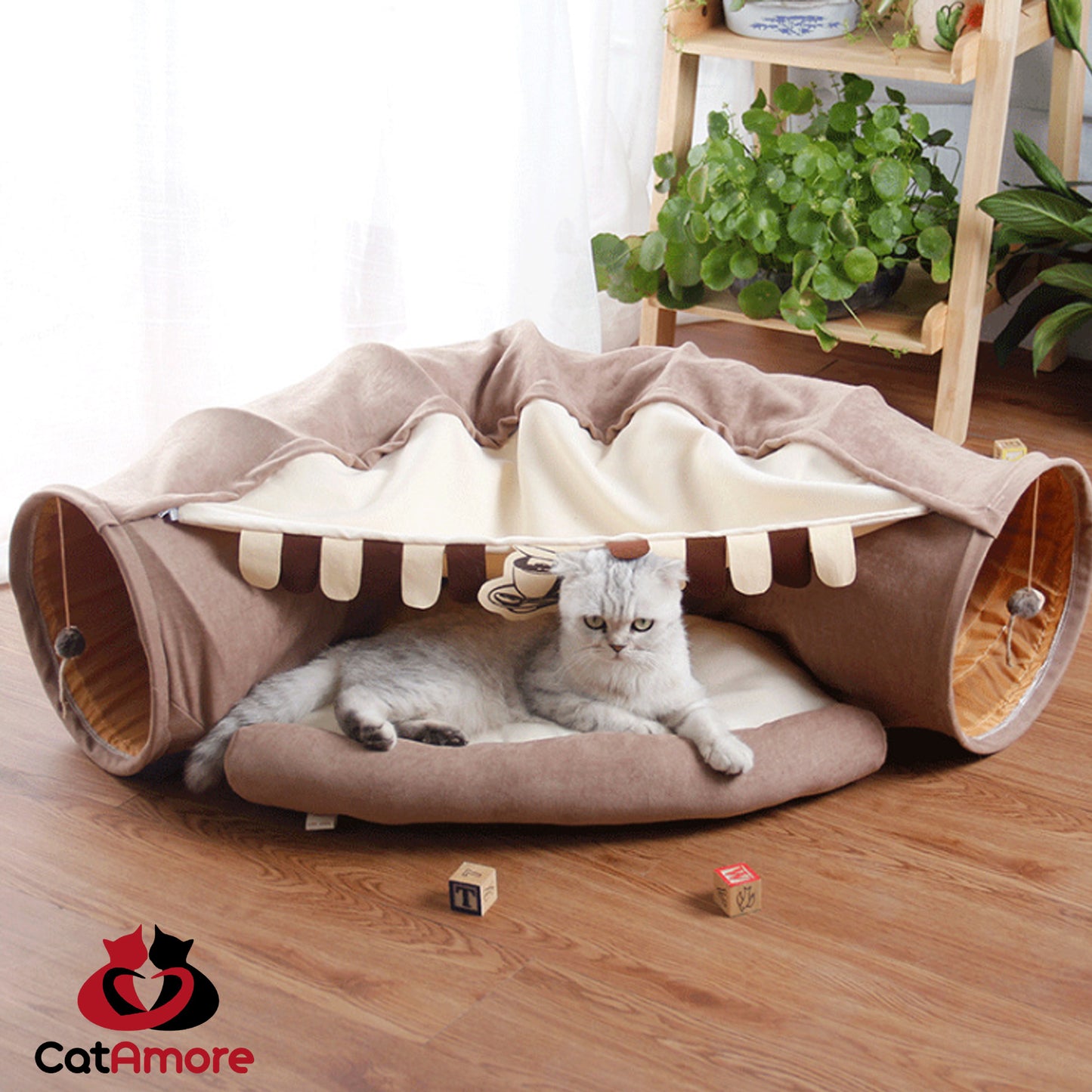 CatAmore Kattentunnel interactieve opvouwbare Rascheltunnel met uitneembaar kattenbed en krabballen