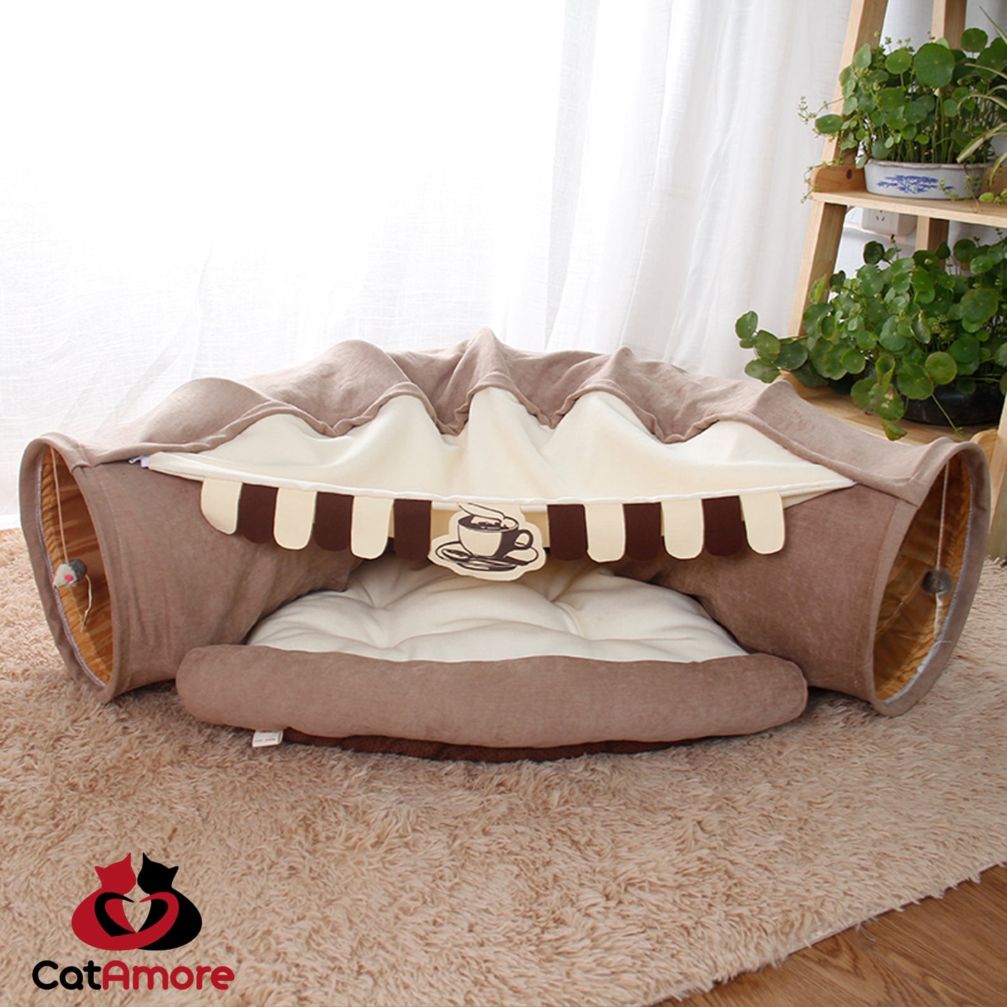 CatAmore Kattentunnel interactieve opvouwbare Rascheltunnel met uitneembaar kattenbed en krabballen
