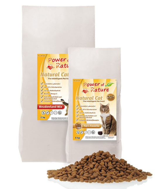 12 kg Meadowland Mix + 6 kg Power of Nature Natural Cat Fees Favorite Croquettes pour chats