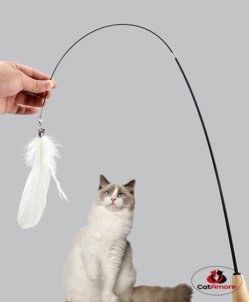 CatAmore Kattenhengel met Veren Speelhengel Houten Handvat Belveer 95 cm lang