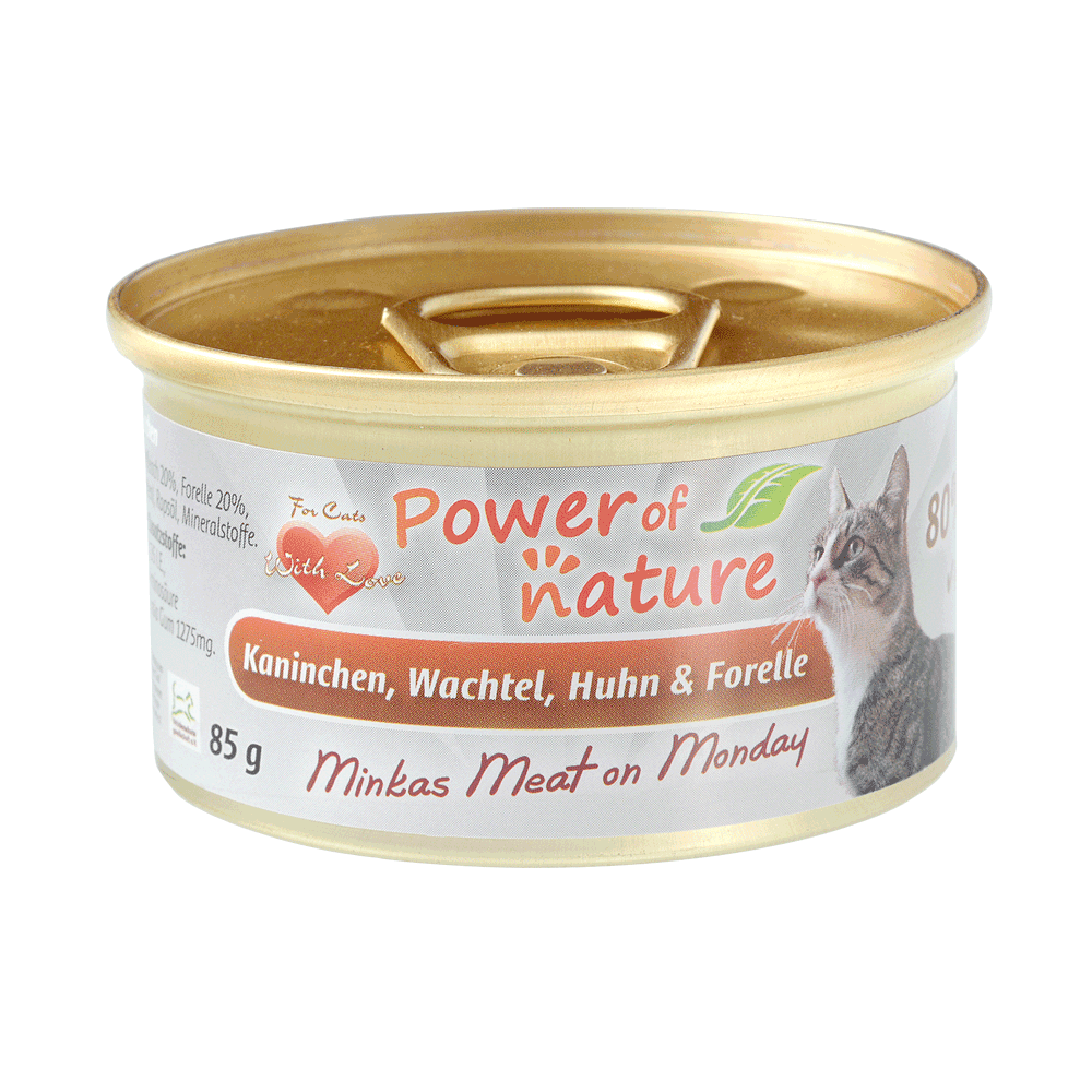 85g Power of Nature Natural Cat Minka’s Meat on Monday Konijn, Wachtel, Kip en Forel